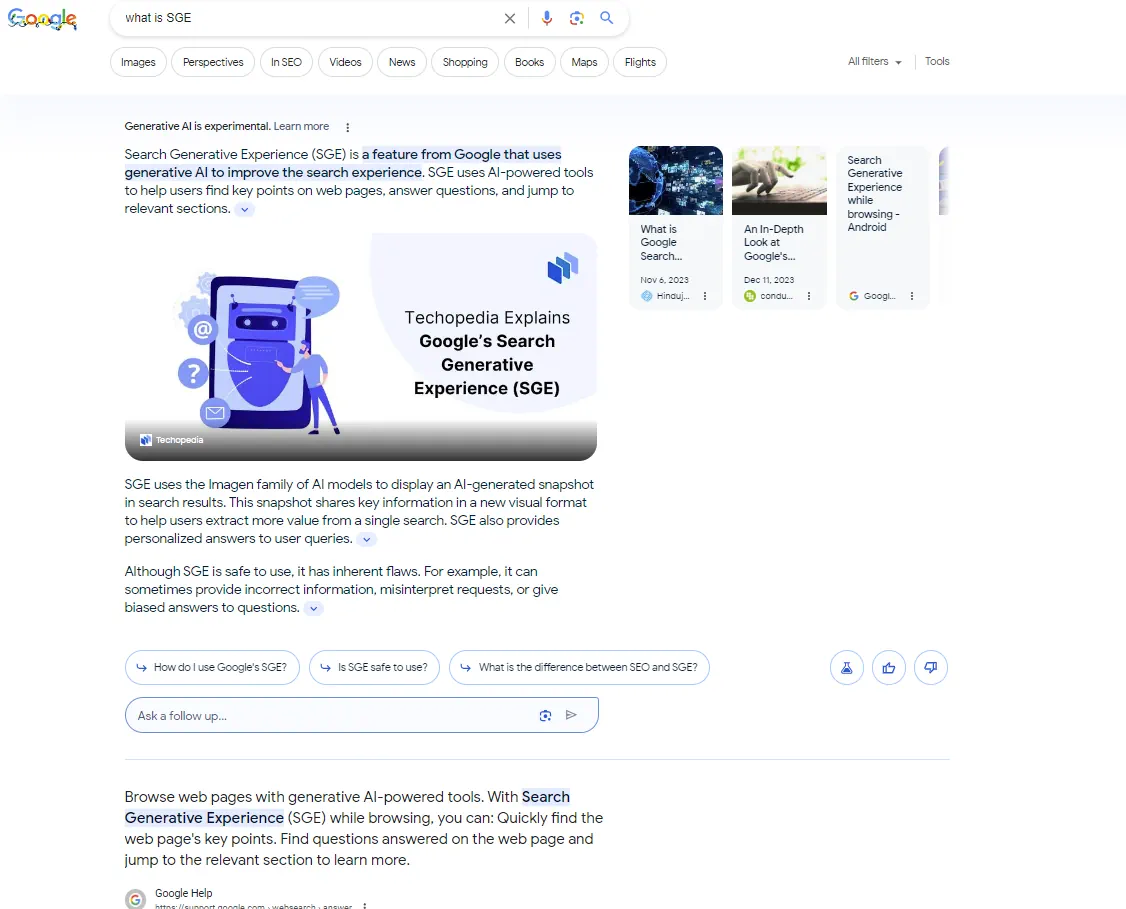 search results with SGE search generative experience