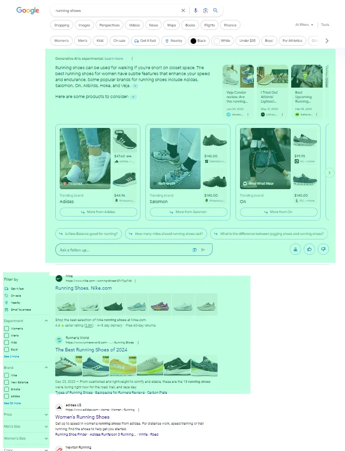 Search results with SGE search generative experience.