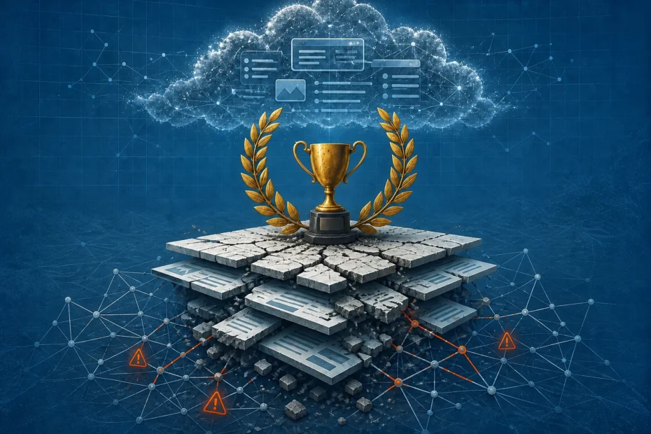 A gold trophy standing on cracked layers of web pages beneath an AI cloud