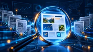 A magnifying glass highlights a useful, evidence-backed webpage while duplicate pages fade into the background.