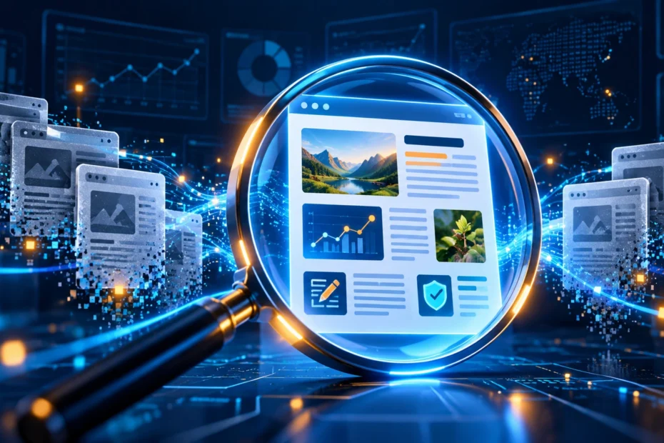 A magnifying glass highlights a useful, evidence-backed webpage while duplicate pages fade into the background.