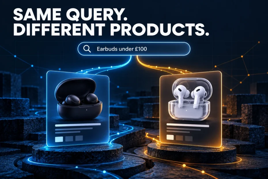 One search for earbuds under £100 branches towards two different earbud products, beneath the words “Same query. Different products.”