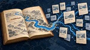 An illustrated Rhine flows from an old reference book into a digital network, spreading the incorrect measurement of 1,320 kilometres.