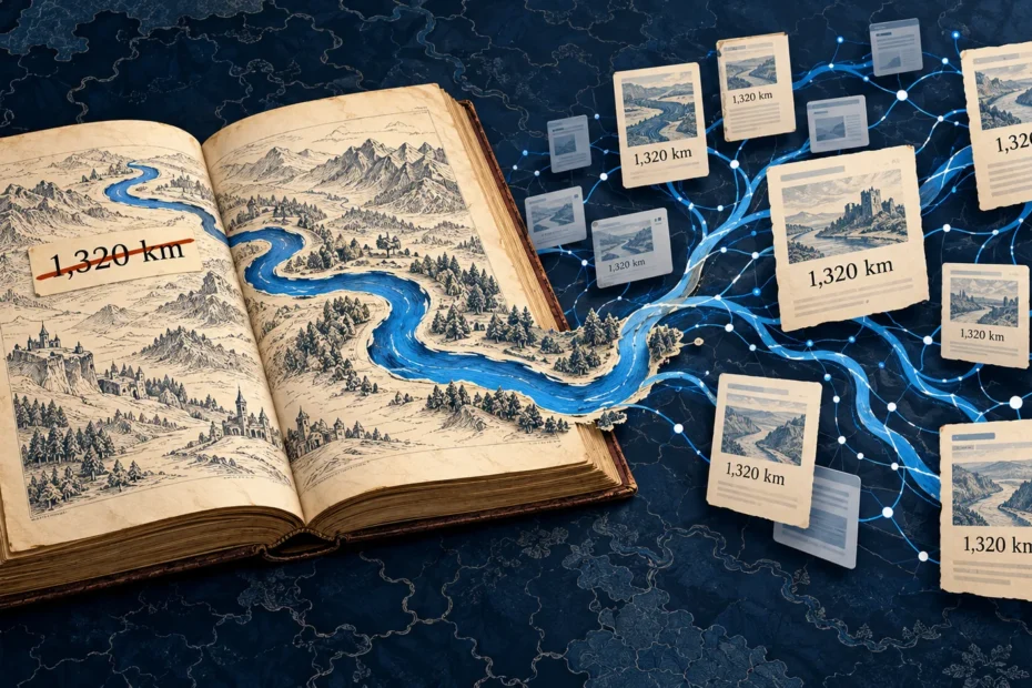 An illustrated Rhine flows from an old reference book into a digital network, spreading the incorrect measurement of 1,320 kilometres.